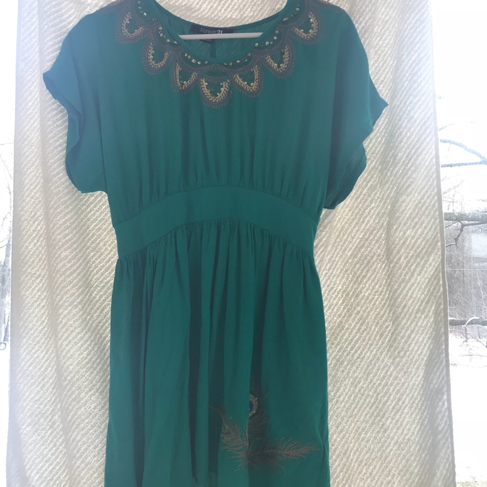 Turquoise/Green Short Dress with Peacock Feathers